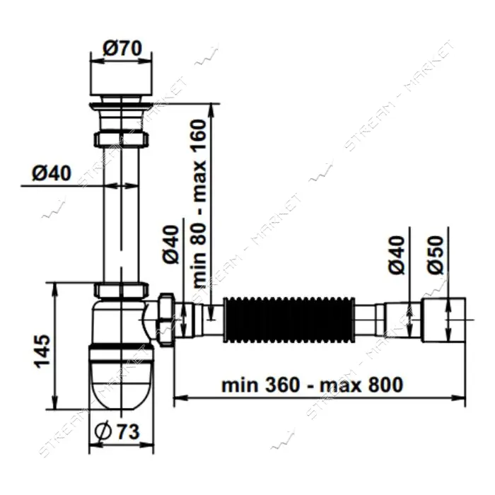 Сифон для кухни AVT с нержавеющим резьбовым выпуском 1 1/2"х40 с гибкой трубой 40х40/50