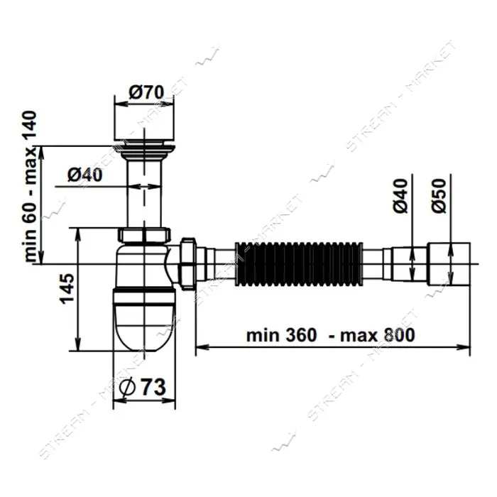 Сифон для кухни AVT с нержавеющим выпуском 1 1/2"х40 с гибкой трубой 40х40/50