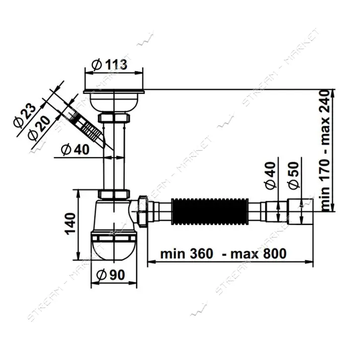 Сифон для кухни плюс стиралка AVT 3 1/2"х40 с гибкой трубой 40х40/50