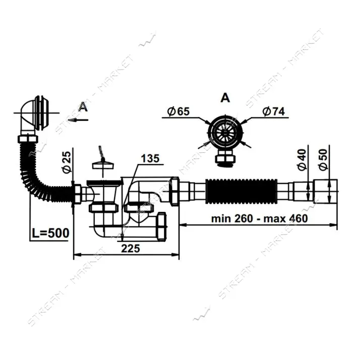 Сифон AVT для ванны 1 1/2"х40 с переливом и ревизией с гибкой трубой 40х40/50