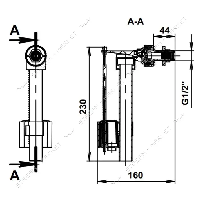 Шар-кран AVT для бачка унитаза боковой подвод 1/2" пластиковая резьба A-010