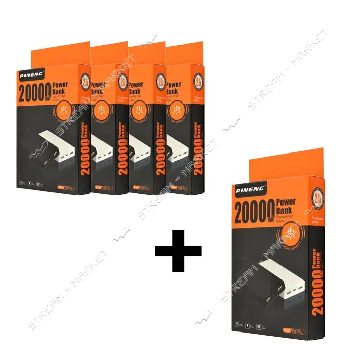 Портативное зарядное устройство Pineng АКЦИЯ 4 плюс 1 2USB 20000mAh черное