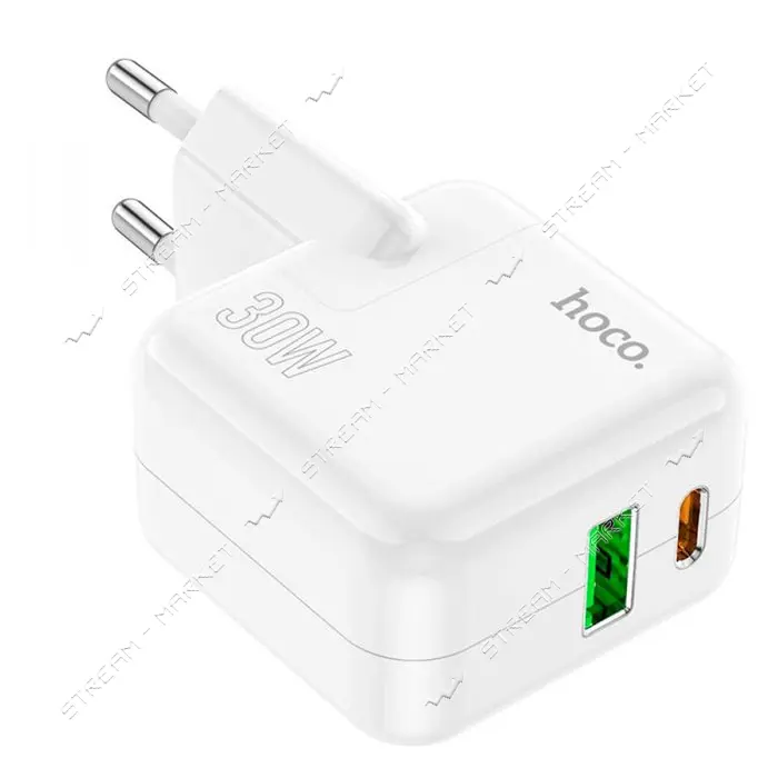Сетевое зарядное устройство Hoco C111A Lucky dual-port PD30W плюс QC3.0 charger set C to iP белое   