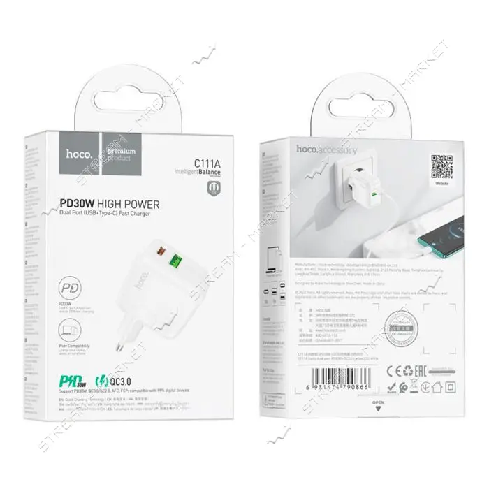 Сетевое зарядное устройство Hoco C111A Lucky dual-port PD30W плюс QC3.0 charger set C to iP белое   