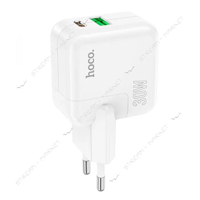 Сетевое зарядное устройство Hoco C111A Lucky dual-port PD30W плюс QC3.0 charger set C to iP белое   
