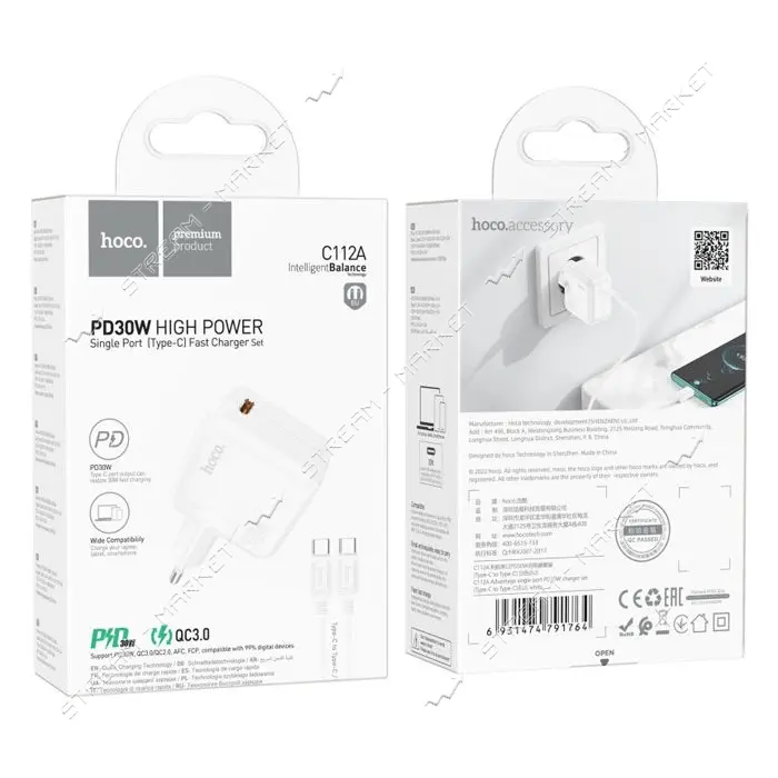 Сетевое зарядное устройство Hoco C112A Advantage single port PD30W Type-C to Type-C белое