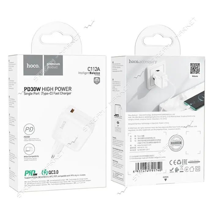 Сетевое зарядное устройство Hoco C112A Advantage single port type C PD30W charger EU белое