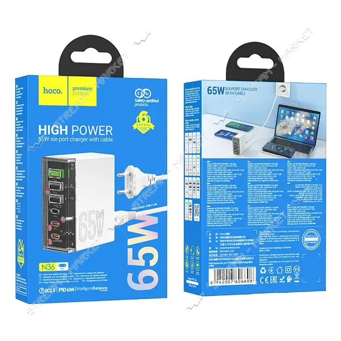 Сетевое зарядное устройство Hoco N36 Fuerza six-port PD65W 3C3A charger EU белое