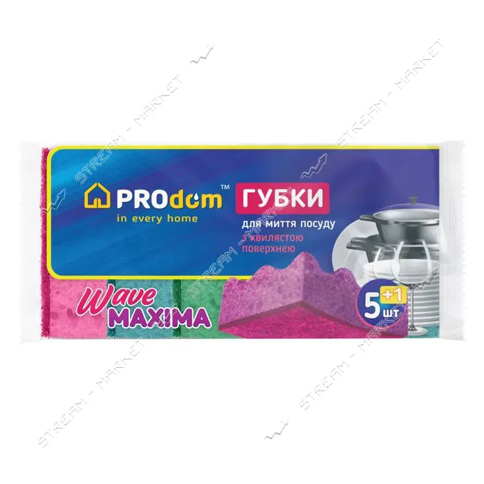 Губка кухонная PRODOM 5 плюс 1шт Волна Maxima 93х63х30
