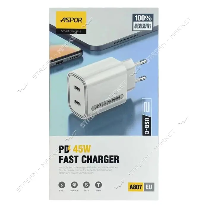 Сетевое зарядное устройство Aspor A807 Fast Charger 45W PD 2USB-C белое