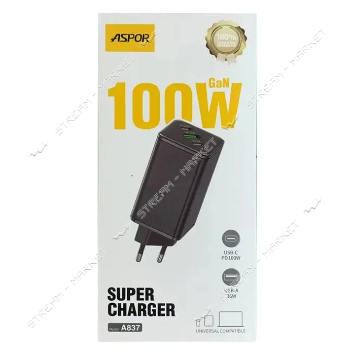 Сетевое зарядное устройство Aspor A837 100W PD Gan 2UCB-C плюс USB черное