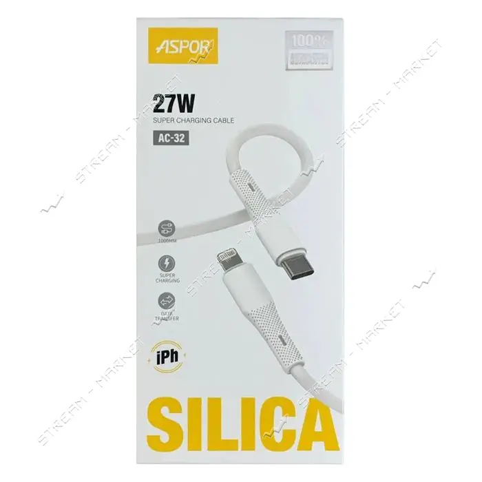 Кабель Aspor AC-32 Type-C to Lightning Silicone 27W 1м белый                                        