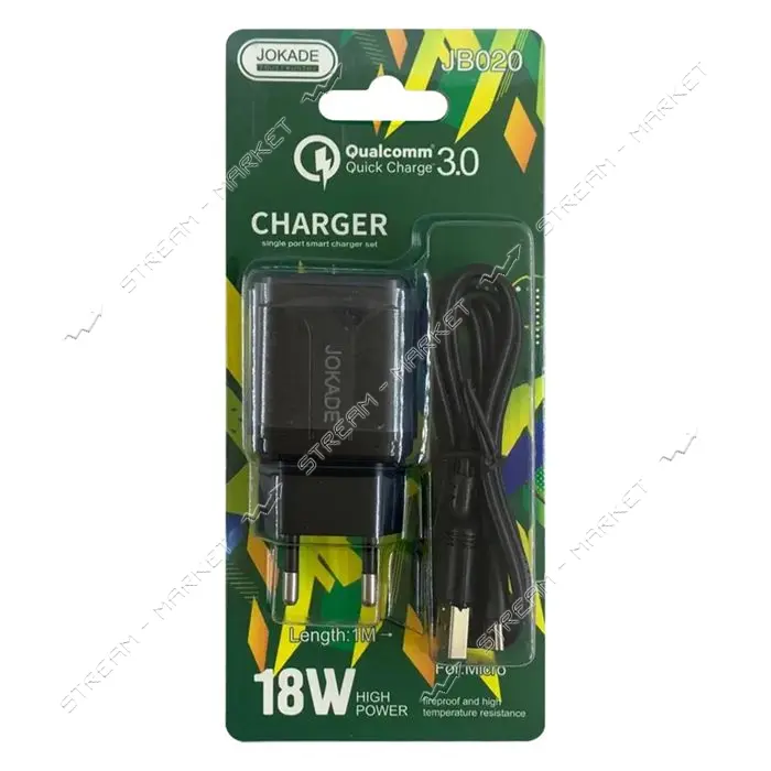 Сетевое зарядное устройство Jokade JB020 QC 3.0 1USB 18W плюс USB кабель Micro черное