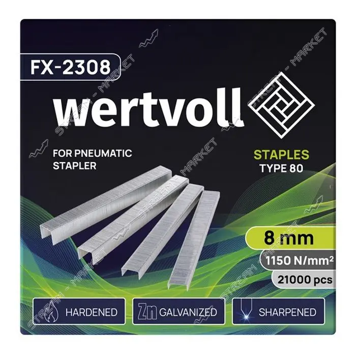 Скобы закаленные Wertvoll FX-2308 для пневмостеплера тип 80 8мм/12.8х0.95мм 21000шт