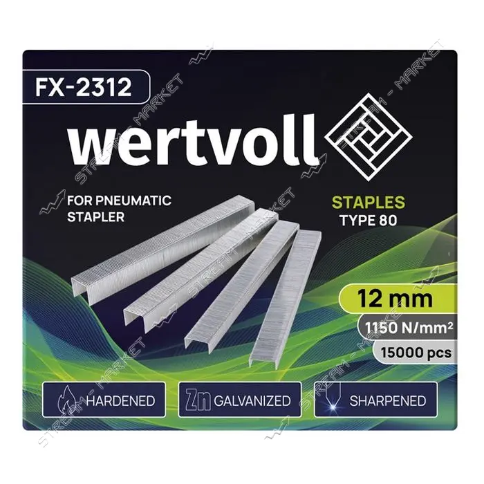 Скобы закаленные Wertvoll FX-2312 для пневмостеплера тип 80 12мм/12.8х0.95мм 15000шт