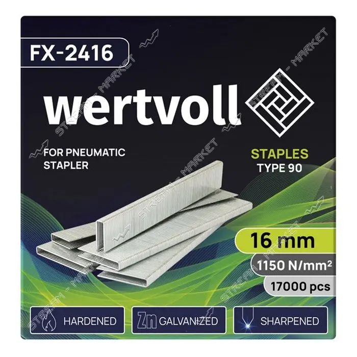 Скобы закаленные Wertvoll FX-2416 для пневмостеплера тип 90 16мм//5.8х1.25 17000шт