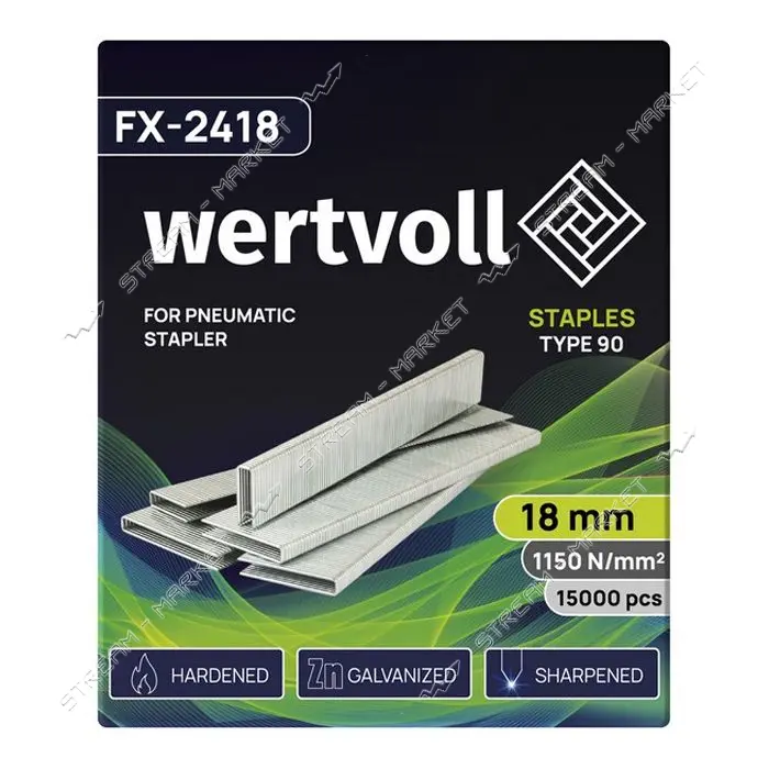 Скобы закаленные Wertvoll FX-2418 для пневмостеплера тип 90 18мм/5.8х1.25 15000шт