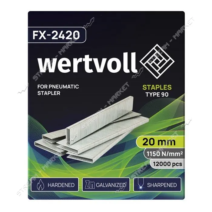 Скобы закаленные Wertvoll FX-2420 для пневмостеплера тип 90 20мм/5.8х1.25 12000шт