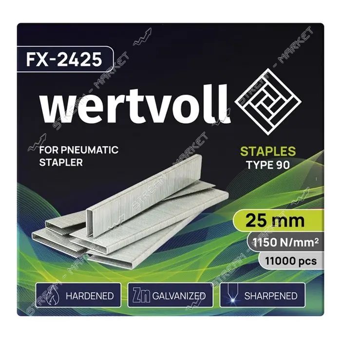 Скобы закаленные Wertvoll FX-2425 для пневмостеплера тип 90 25мм/5.8х1.25 11000шт