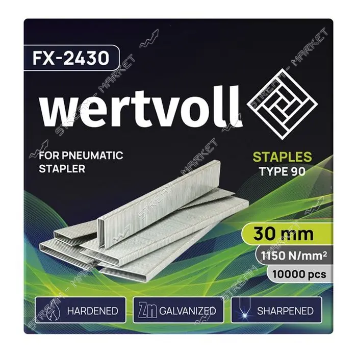 Скобы закаленные Wertvoll FX-2430 для пневмостеплера тип 90 30мм/5.8х1.25 10000шт
