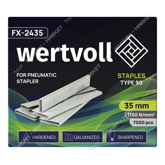 Скобы закаленные Wertvoll FX-2435 для пневмостеплера тип 90 35мм/5.8х1.25 7000шт