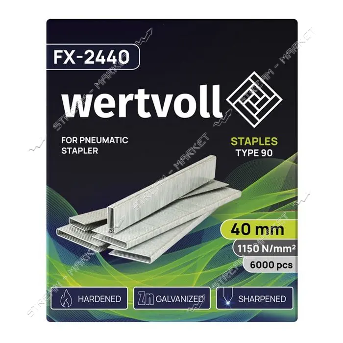 Скобы закаленные Wertvoll FX-2440 для пневмостеплера тип 90 40мм/5.8х1.25 6000шт                    