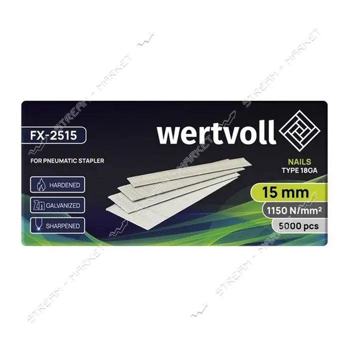 Гвоздь закаленный Wertvoll FX-2515 для пневмостеплера тип 18GA 15мм/1.0х1.25мм 5000шт
