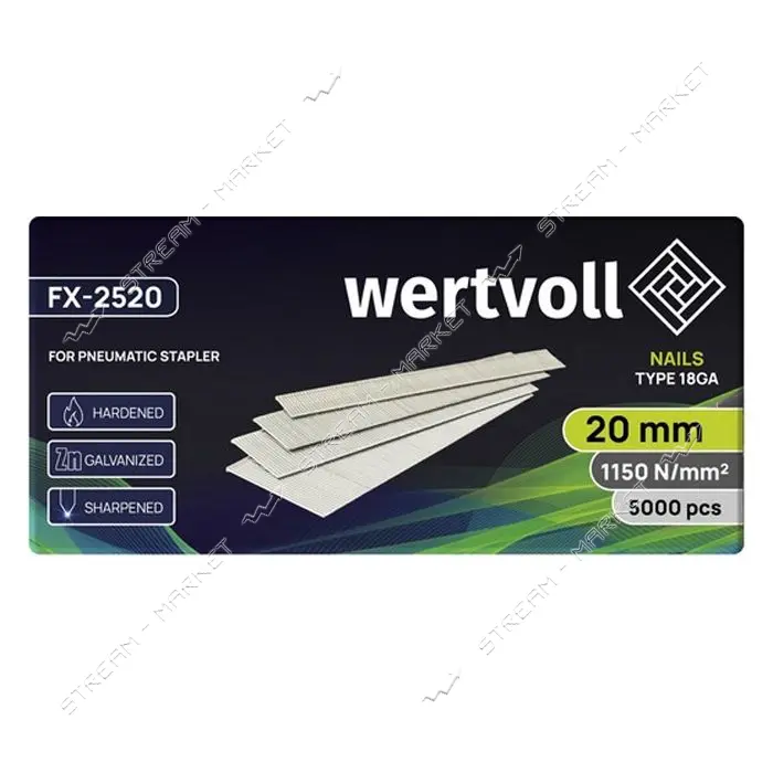 Гвоздь закаленный Wertvoll FX-2520 для пневмостеплера тип 18GA 20мм/1.0х1.25мм 5000шт               