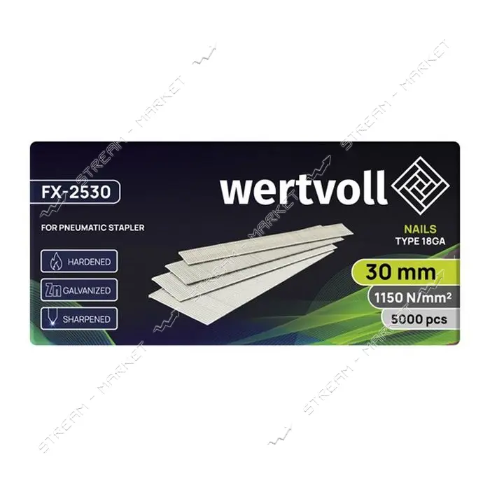Гвоздь закаленный Wertvoll FX-2530 для пневмостеплера тип 18GA 30мм/1.0х1.25мм 5000шт