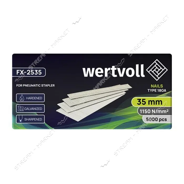 Гвоздь закаленный Wertvoll FX-2535 для пневмостеплера тип 18GA 35мм/1.0х1.25мм 5000шт