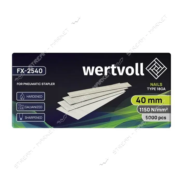 Гвоздь закаленный Wertvoll FX-2540 для пневмостеплера тип 18GA 40мм/1.0х1.25мм 5000шт