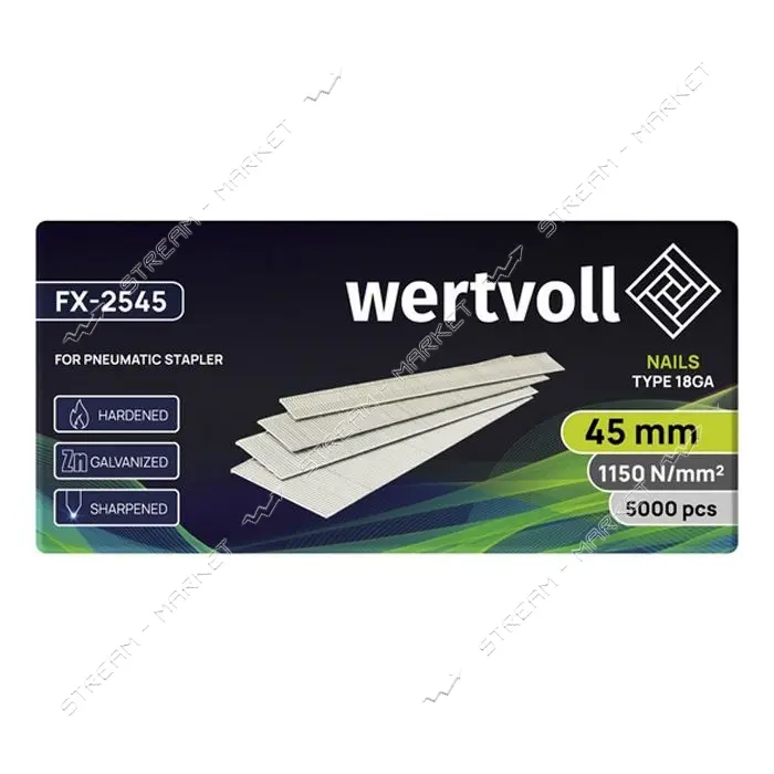 Гвоздь закаленный Wertvoll FX-2545 для пневмостеплера тип 18GA 40мм/1.0х1.25мм 5000шт