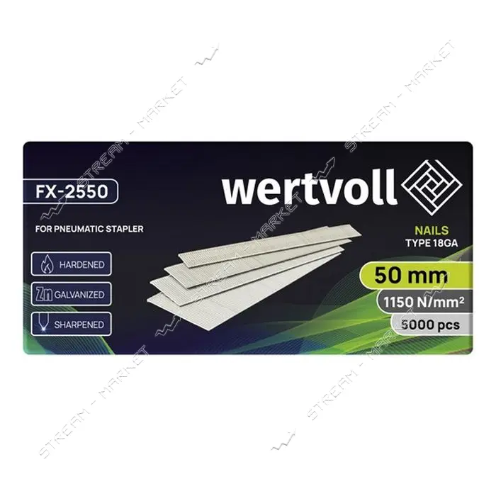 Гвоздь закаленный Wertvoll FX-2550 для пневмостеплера тип 18GA 50мм/1.0х1.25мм 5000шт
