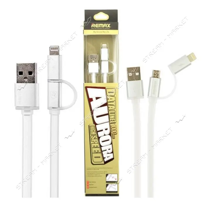 Кабель Remax Aurora RC-020t 2 в 1 Micro USB plus Lightning длина 1м серебро