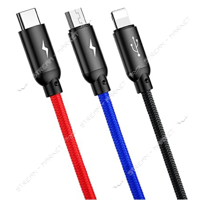 Кабель Baseus Three Primary Colors 3 в 1 Micro USB plus Lightning plus USB Tyre-C длина 0.3м черный