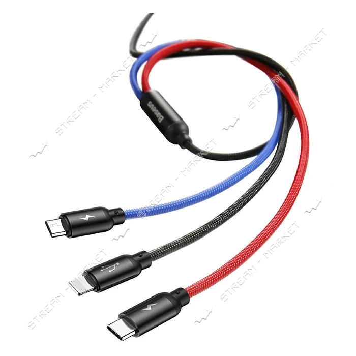 Кабель Baseus Three Primary Colors 3 в 1 Micro USB plus Lightning plus USB Tyre-C длина 0.3м черный