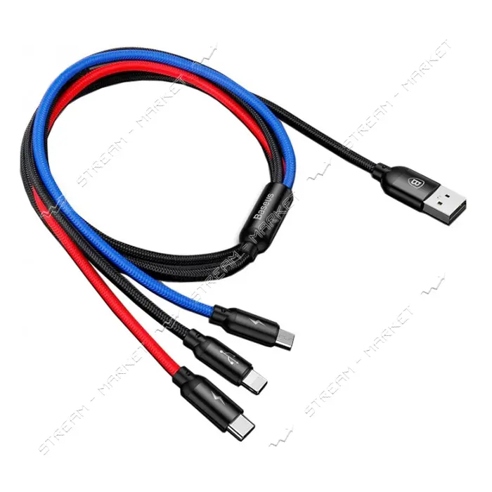 Кабель Baseus Three Primary Colors 3 в 1 Micro USB plus Lightning plus USB Tyre-C длина 0.3м черный