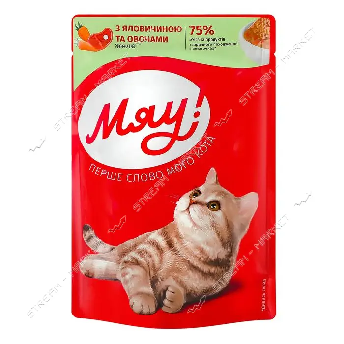Пауч МЯУ желе говядина и овощи корм для  котов 85г                                                  