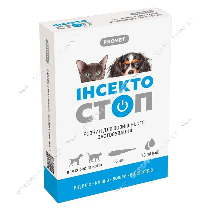 Капли Природа Provet ИНСЕКТОСТОП для кошек собак от 4 до 6кг от внешних параз на холке 6 пип по 0.8