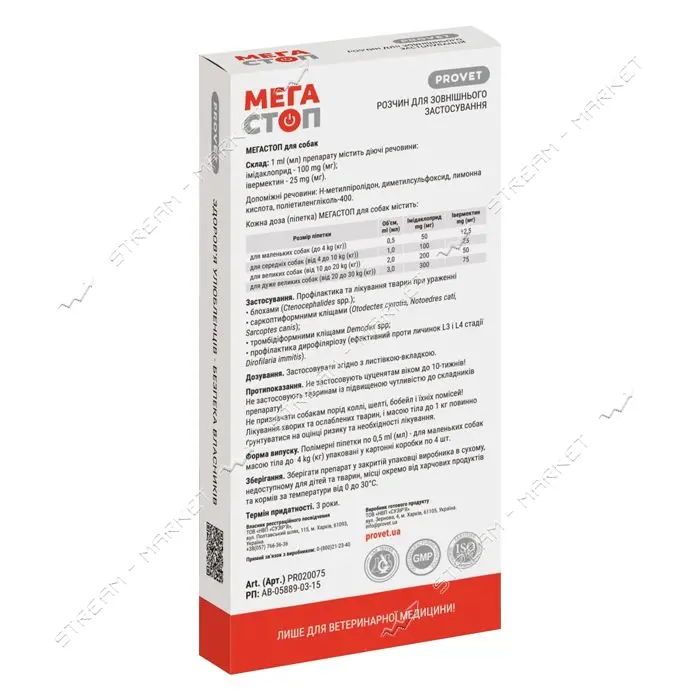 Капли Природа Provet МЕГАСТОП для собак до 4кг от внешних и внутренних паразитов 4 пипетки по 0.5мл 