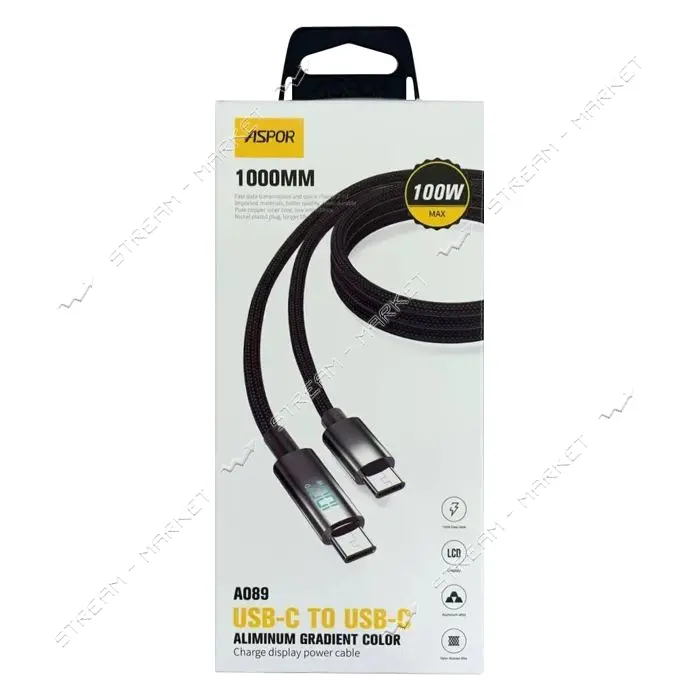 Кабель Aspor A088 Nylon Charge Display Type-C to Type-C 27W 1м черный                               