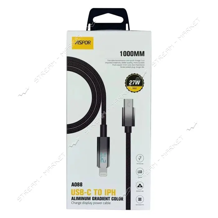 Кабель Aspor A088 Nylon Charge Display Type-C to Lightning 27W 1м черный