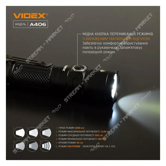 Фонарик светодиодный Videx VLF-A406 4000Lm 6500K Li-ion 21700 4000mAh                               