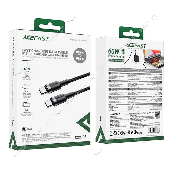 Кабель ACEFAST C22-03 USB-C to USB-C aluminum alloy charging data cable черный