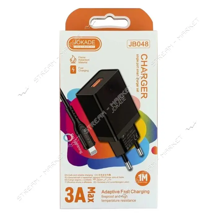 Сетевое зарядное устройство Jokade JB048 5V/3A USB-A плюс USB Lightning черное