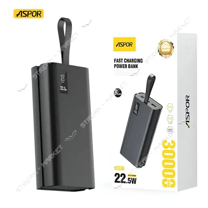 Портативное зарядное устройство Aspor A337 Fast Charge 30000mAh 22.5W черное
