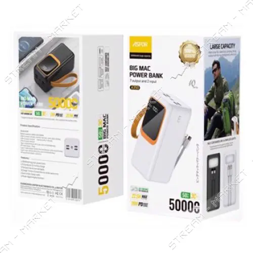 Портативное зарядное устройство Aspor A350 50000mAh 22.5W с фонариком Lightning/TypeC черное