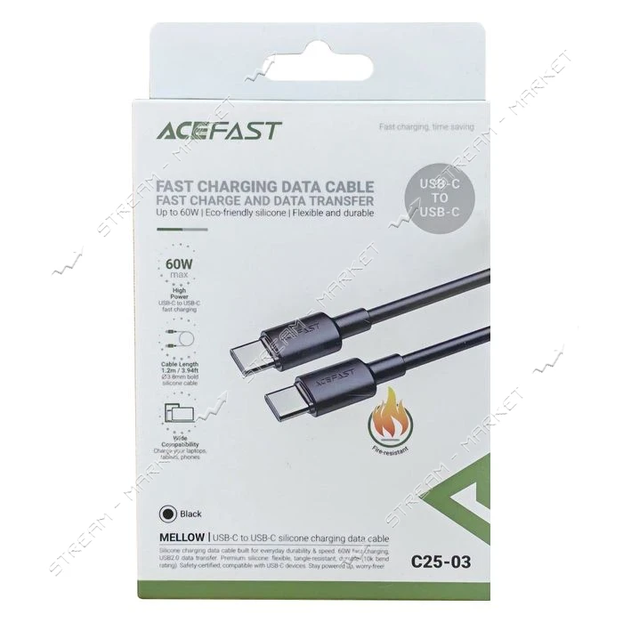 Кабель ACEFAST C25-03 USB-C to USB-C silicone charging data cable черный