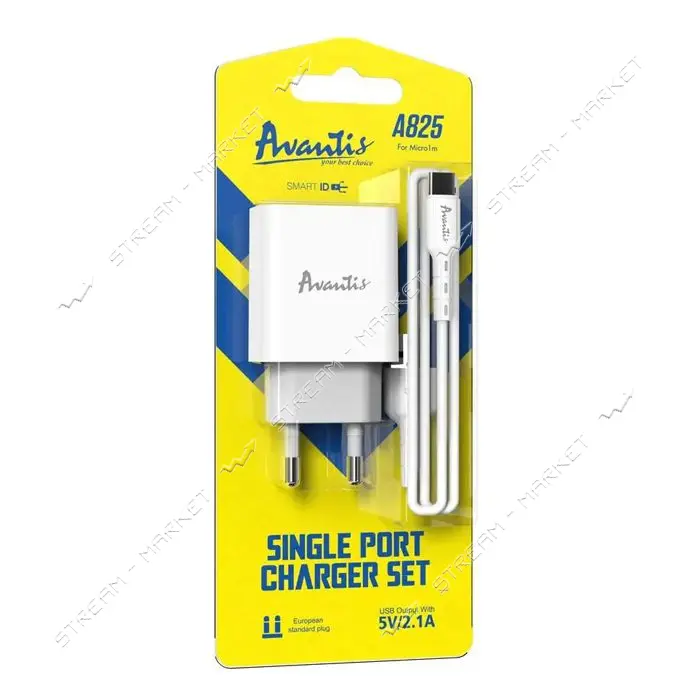 Сетевое зарядное устройство Avantis A825 1USB/2.1A плюс кабель Type-C белое