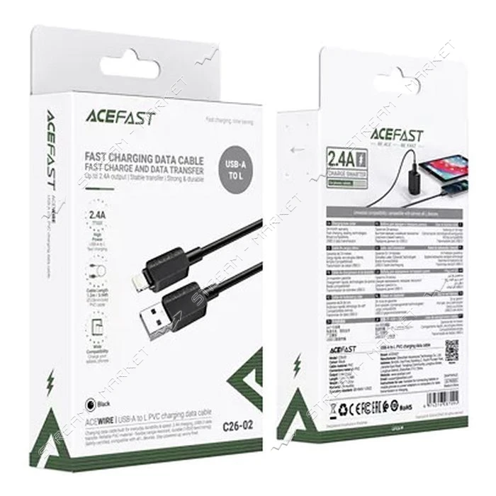 Кабель ACEFAST C26-02 USB-A to L PVC charging data cable черный                                     